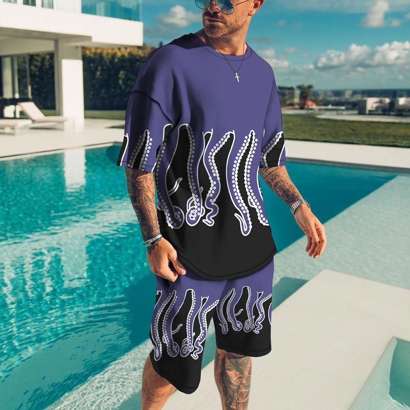 T-Shirt Herren Fischfüße 3D Digital Beach Print Kurzarm Set Sommer Shorts Zweiteiliger Casual_voghion.com