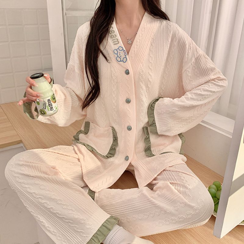 2024 Autunno Nuovo Piccolo Fragrante Sonno Carino Donna Cotone Telaio Jacquard Dolce Casa Vestiti Set_voghion.com