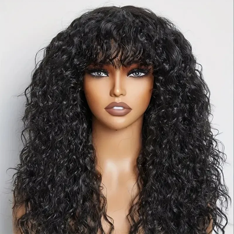 Peruka z ludzkich włosów Jerry Curly z grzywką 180% gęstości wykonana maszynowo Natural Black_voghion.com