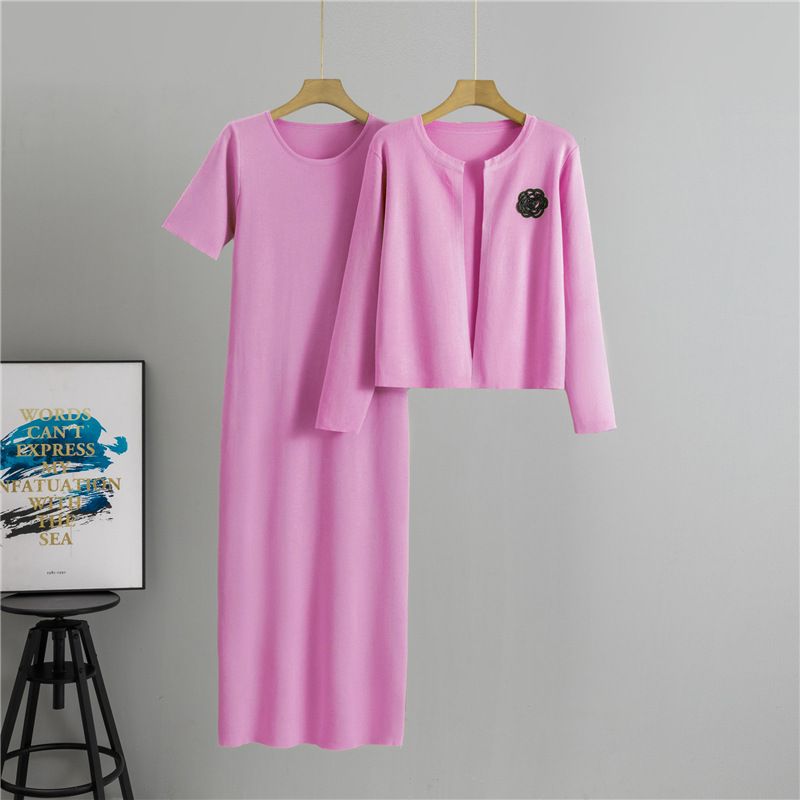 Women's Clothing Temperament Two Piece Knitted Shawl Short Sleeved Dress Slim Sweater Dress Long Skirt Suit_voghion.com