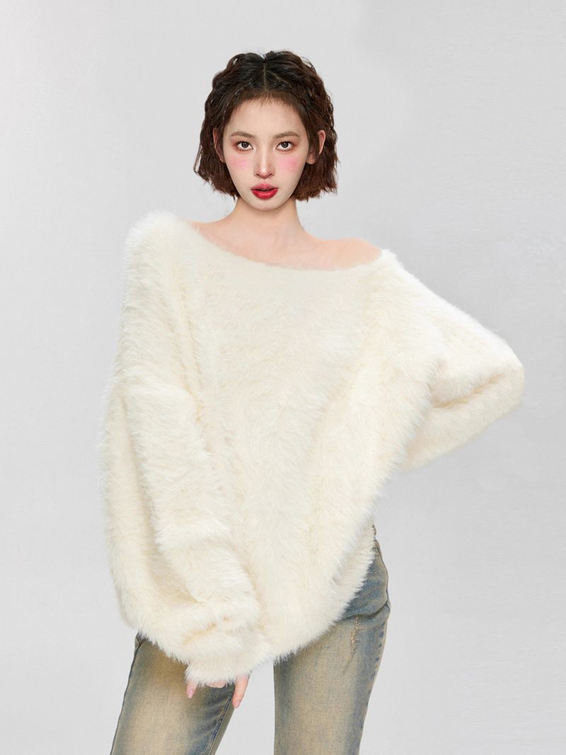 Weißer Off-Shoulder-Mohair-Pullover für Damen, Frühling und Herbst, Nerzsamt, One-Shoulder, großer Ausschnitt_voghion.com