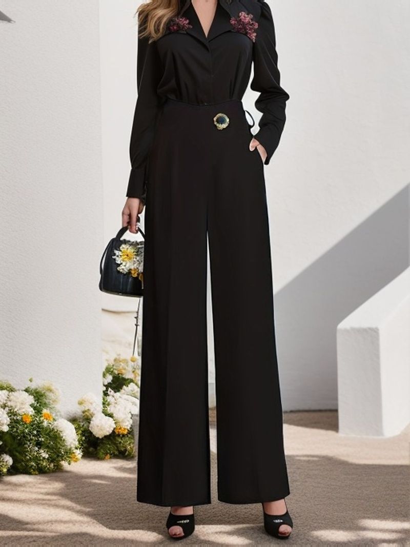 Pantaloni da donna a gamba larga casual verticali a vita alta tinta unita in tinta unita_voghion.com