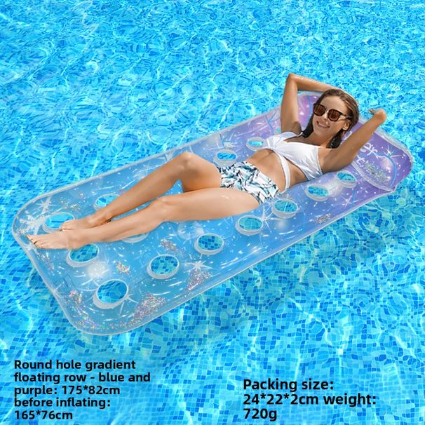 Eco-Friendly Rainbow Inflatable Mat - Heavy-Duty PVC With Glitter Holes & Gradient Colors (200x150cm Double-Sized For Pool/Beach 2-Person Capacity)_voghion.com