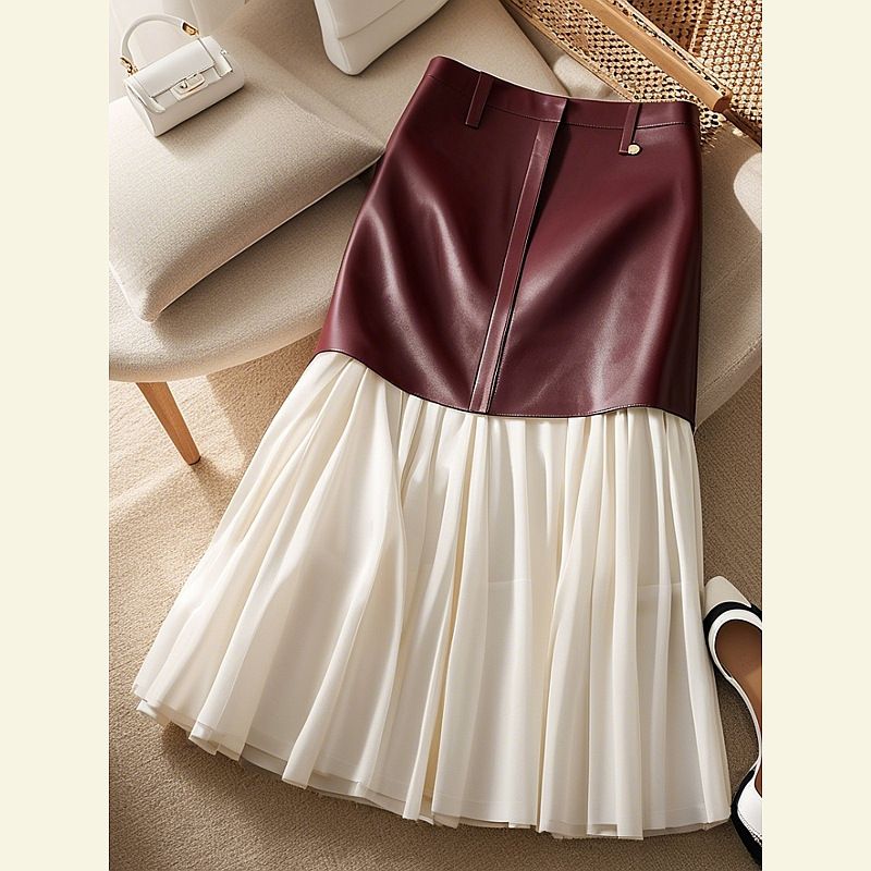 Women's Clothing Red Outfit High End And Beautiful A Line Umbrella Skirt Unique Wine Red Splicing Leather Skirt _voghion.com
