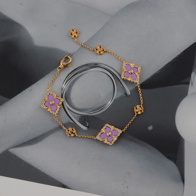 Designer-Damenarmband im Retro-Palast-Stil mit Zirkon-Intarsien, drei Blumen, Rot, Weiß, Grün, Fritillaria-Intarsien_voghion.com