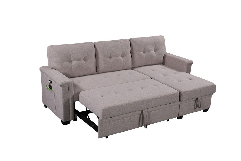 Nathan 84' Light Gray Reversible Sleeper Sectional Sofa With Storage Chaise, USB Charging Ports And Pocket_voghion.com