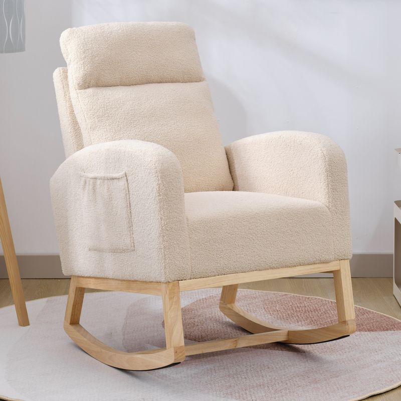 Modern Accent Rocking Chair Rocking Chair With Solid Wood Legs, Upholstered Nursery Glider Rocker, Comfy Armchair With Side Pocket, Living Room Lounge Arm Chair With High Backrest (Beige,teddy)_voghion.com