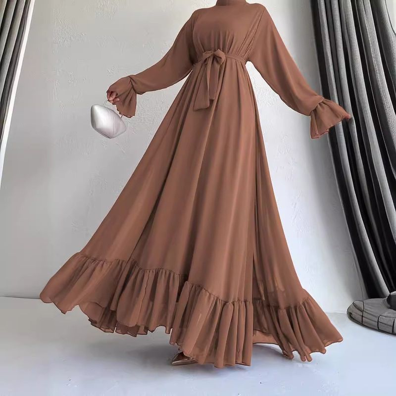 Vêtements pour femmes musulmanes nouvelle mousseline de soie couleur unie longue ceinture mode robe élégante_voghion.com