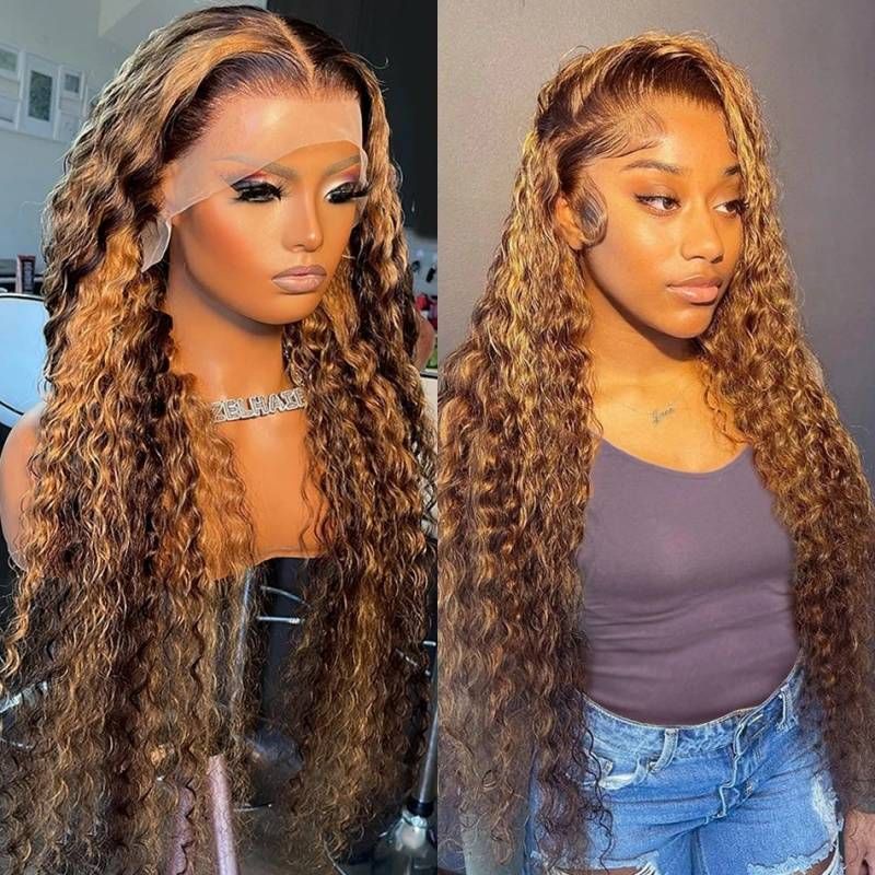4#27 Highlight Ombre Deep Wave Lace Frontal Wig Transparant 180 Density Krullend 30 Inch 13x4 Lace Frontal Menselijk Haar Pruiken Voor Vrouwen_voghion.com