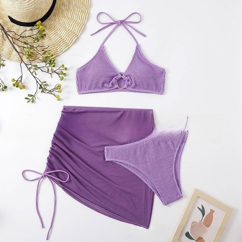 Women's Clothing Spring And Summer New Women's Swimsuit Slim Fit Pure Color Sexy Fashion Hanging Neck Three Piece Set_voghion.com