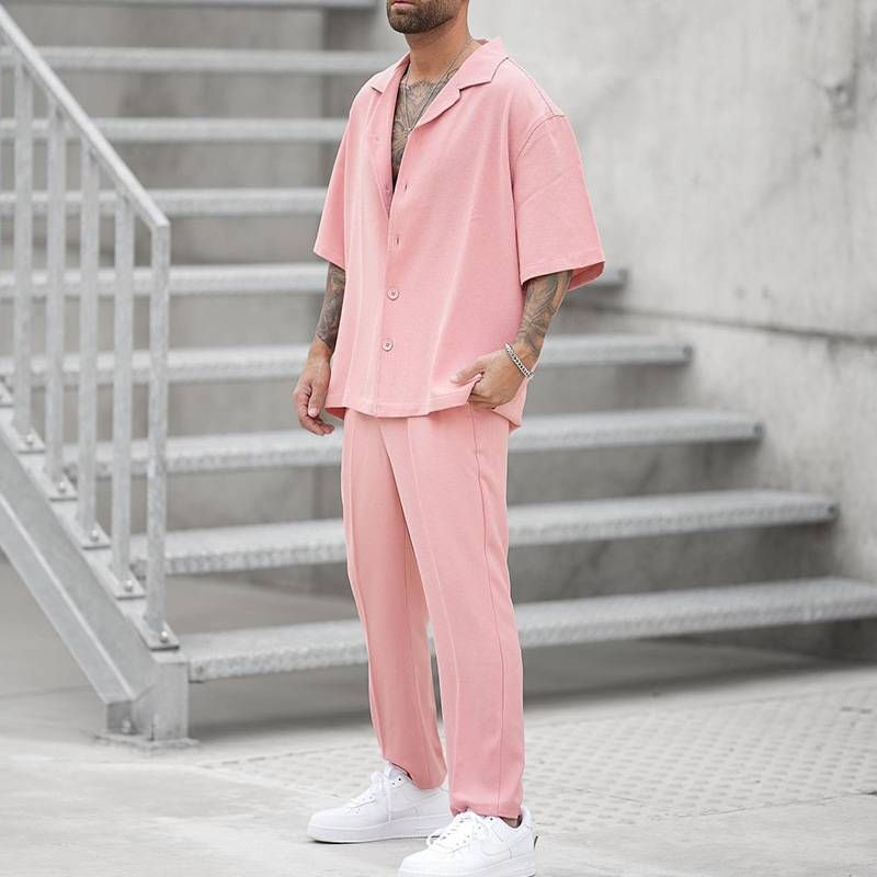 Men's Casual Loose Hollow Short-sleeved Shirt Shorts Fashionable Black Men's Suit Men's Two-piece Set_voghion.com