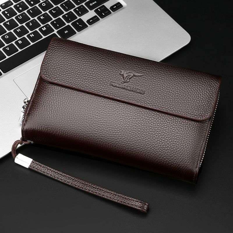 Men's Clutch Bag Genuine Leather Wrist Bag Men's Business Double Zipper Portable Large Capacity Hand Clutch Bag First Layer Cowhide Handbag_voghion.com