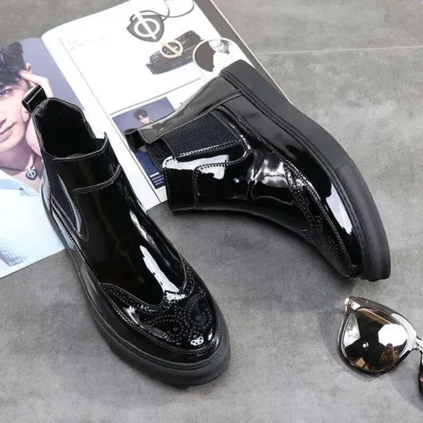 Stivali da uomo alla moda per feste e discoteche, in pelle verniciata, con plateau, stile brogue, stile cowboy, stile autunno inverno_voghion.com