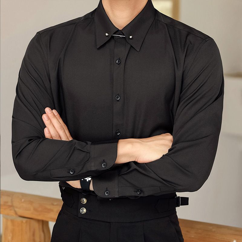 Men's Clothing Windsor Collar White Pinhole Collar Collar Pin Solid Color Shirt Shirt Business Wedding Party Wedding Emcee Nightclub_voghion.com