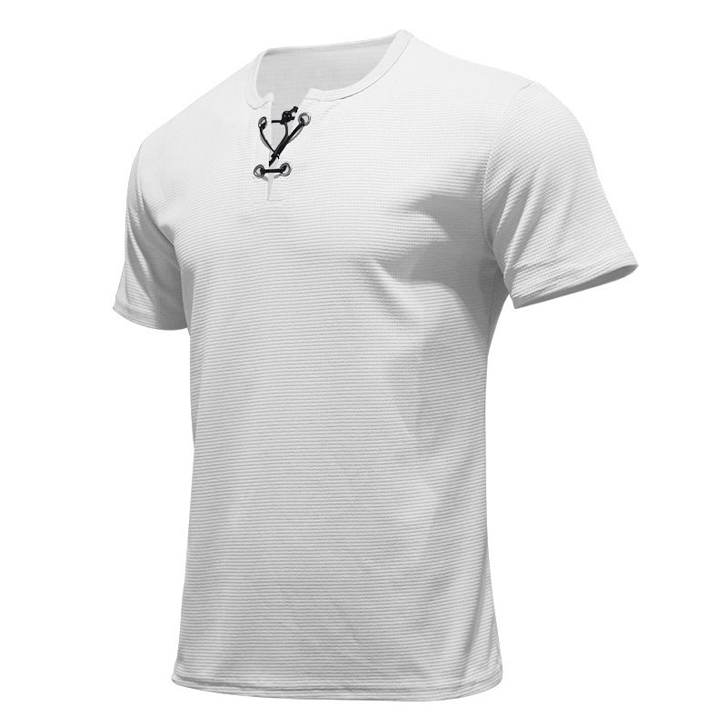 Camiseta de manga corta transpirable, ajustada, de verano, deportiva, de ocio y a la moda, con cuello henley anudado para hombre._voghion.com