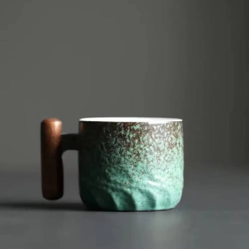 Ceramic Retro Coffee Cup Office Home Water Cup Wooden Handle Coffee Cup Handmade Tea Coffee Cup_voghion.com
