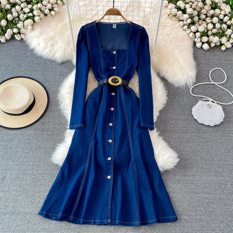 Women’s Clothing Square Neck Denim Dress Spring New Style Celebrity Temperament Goddess Style Waist Slimming Long Swing_voghion.com