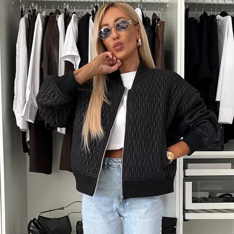 ​Women's Casual Zip-Up Jacket With Stand Collar - Autumn Winter Long Sleeve Outerwear, Loose Fit, Pure Color, Polyester Cotton Blend​_voghion.com