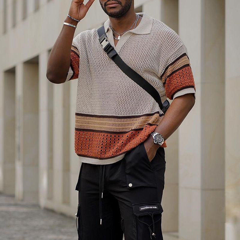 Ropa para hombre, primavera y verano 2025, nuevo estilo, jersey de lana transpirable, camiseta de manga corta, suéter de punto con solapa, suéter para hombre_voghion.com