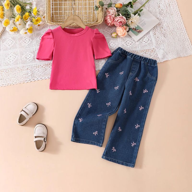 Completo due pezzi per ragazze primavera e autunno 2025, con maglietta a maniche corte a farfalla e jeans con fiocco_voghion.com