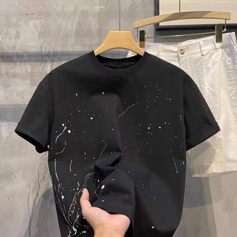 Men's Clothing New ink splashed print design niche round neck short sleeved T shirt men's summer versatile casual loose large size T shirt_voghion.com