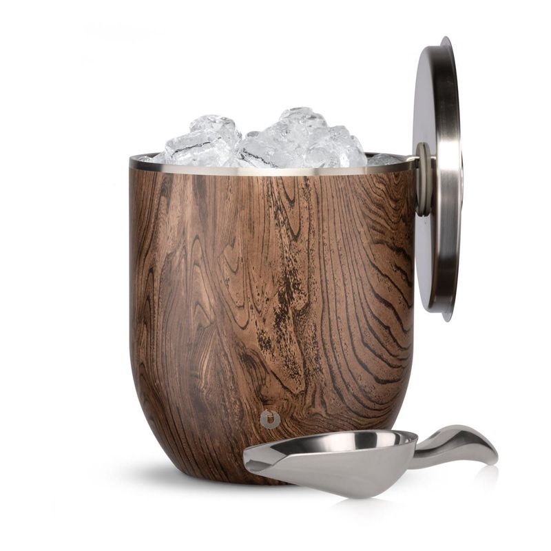 Stainless Steel Ice Bucket With Lid And Scoop, Dark Walnut_voghion.com