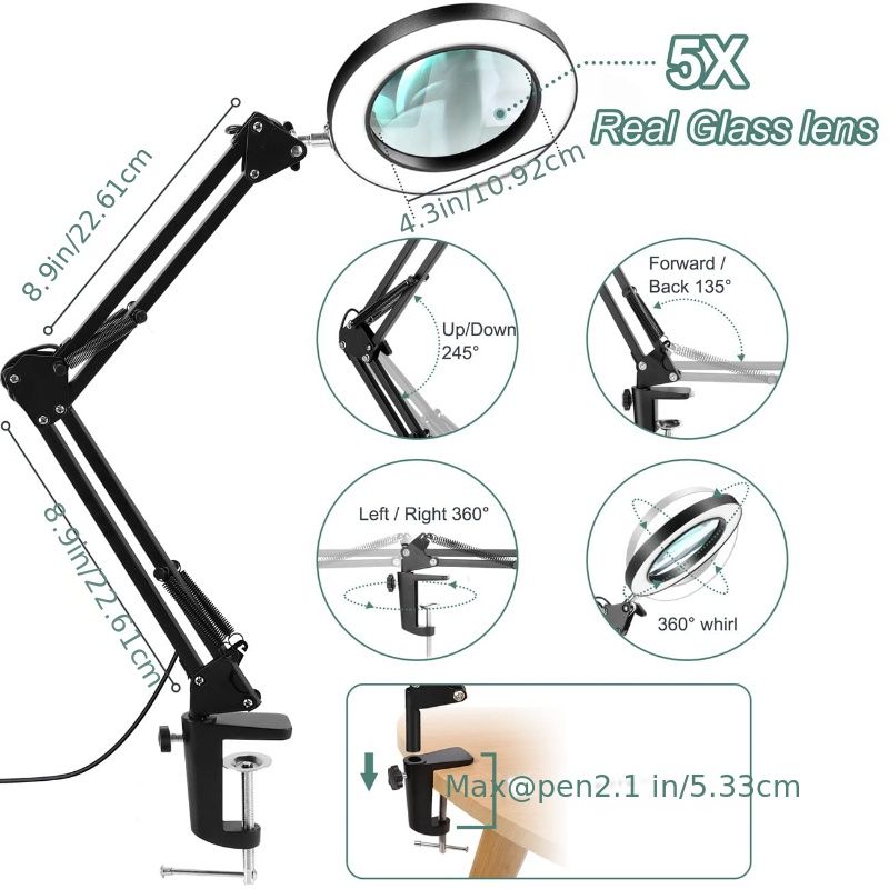 Dimmable LED Desk Lamp with 5X Magnifier Glass and Swing - Flexible Clamp-on Design with 3 Color Modes for Illuminated Reading and Crafting_voghion.com
