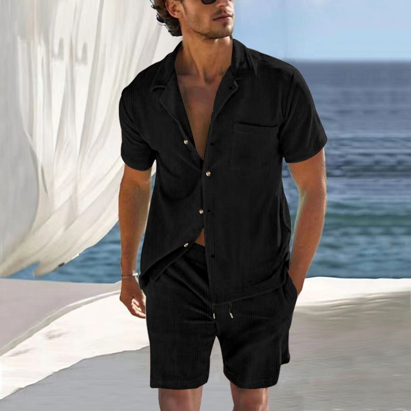 Men's Clothing 2024 men's new casual and comfortable button lapel shirt short sleeved shorts suit_voghion.com