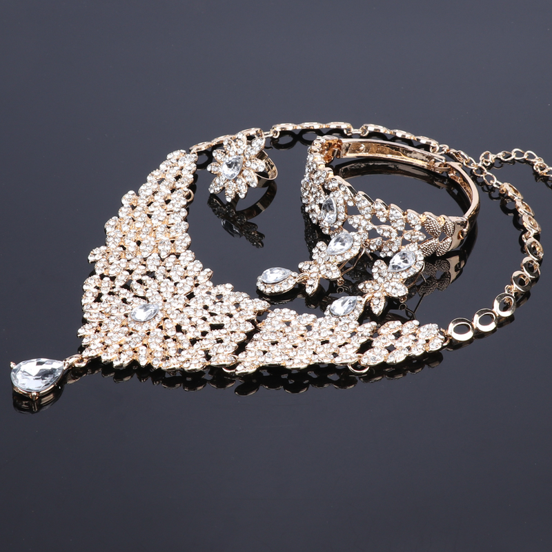 Vrouwen Statement Ketting Oorbellen Bangle Ring Set Crystal Rhinestones Luxe Bruid Bruiloft Sieraden sets_voghion.com