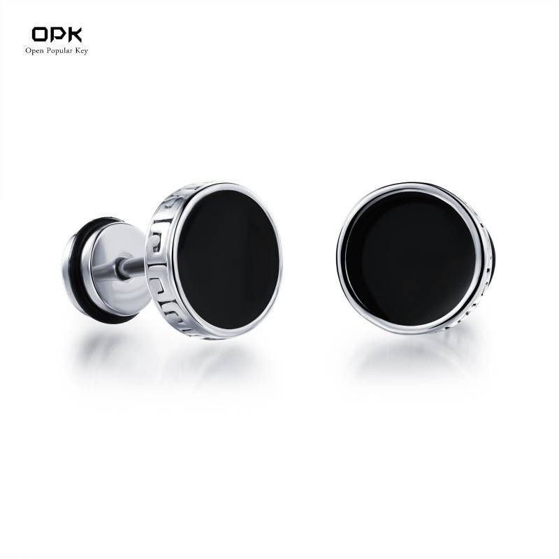 Men's Jewelry Titanium Steel Earrings Electroplated Golden Great Wall Pattern Flat Round Cake Shape Glue Earrings_voghion.com