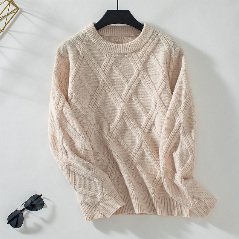 ​​Damen Oversize-Strickpullover mit Rautenmuster, Herbst/Winter 2024, lässiger Rundhalspullover_voghion.com