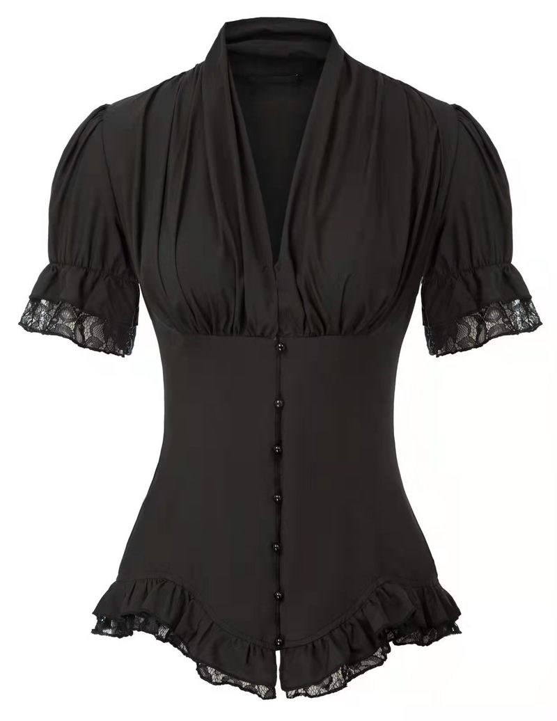 Camicia a maniche corte in stile vittoriano da donna, camicia con lacci Steampunk_voghion.com