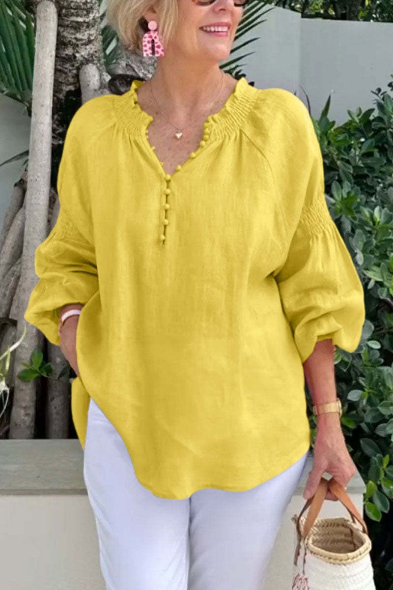 Vêtements pour femmes printemps et été décontractés col en V couleur unie coton et lin hauts à manches longues_voghion.com