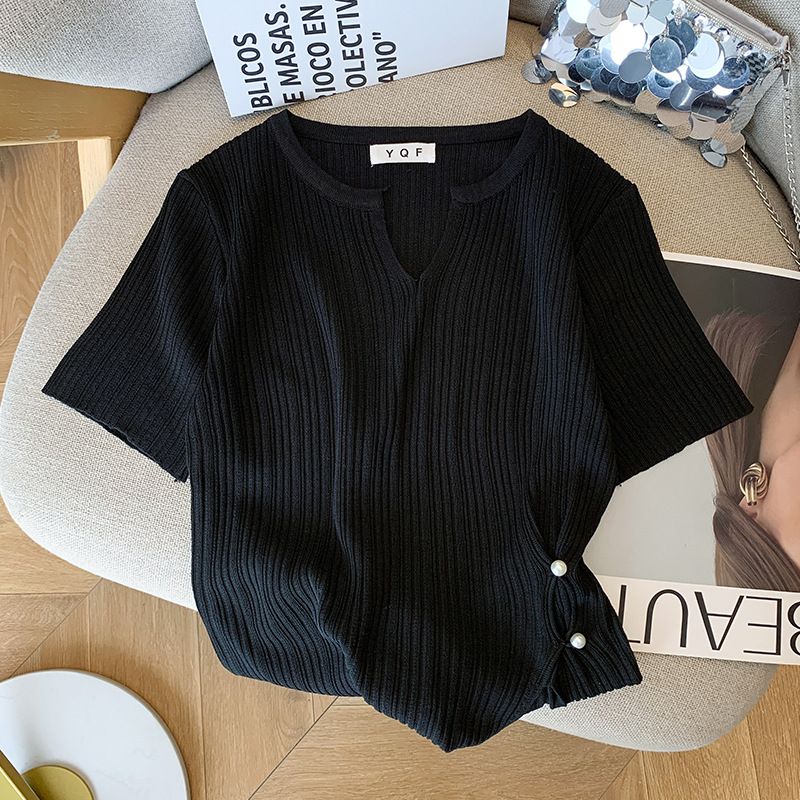 Vêtements d'été pour femmes, nouveau design, coupe ajustée, style Pure Desire, t-shirt à manches courtes, pull en soie glacée pour femmes_voghion.com