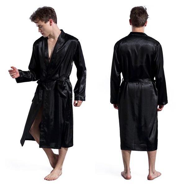 Einfarbiger Herren-Bademantel, dünne Strickjacke, Nachthemd, lockerer, großer Bademantel aus glänzendem Satin mit langen Ärmeln_voghion.com