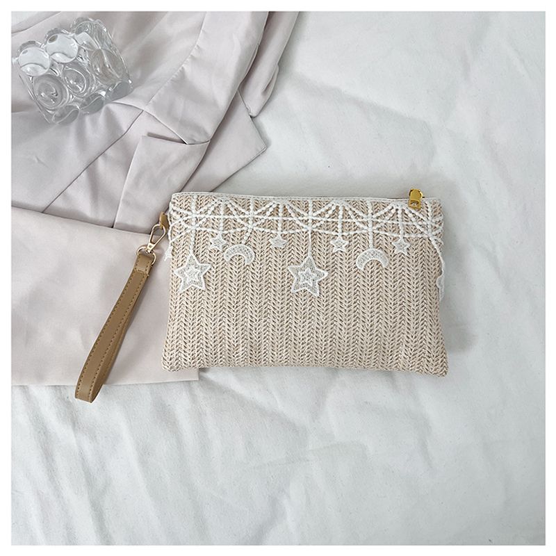 Borsa a busta intrecciata in paglia, nuova, squisita e dolce pochette da spiaggia, stile coreano, con blocchi di colore, per le donne_voghion.com