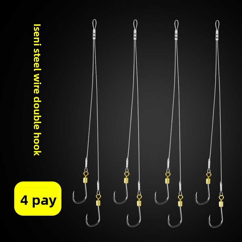 Steel Wire Finished Sub-line Double Set Anti-tangle Pre-tied Anti-bite Swivel Rotating Fish Hook For Catching White_voghion.com