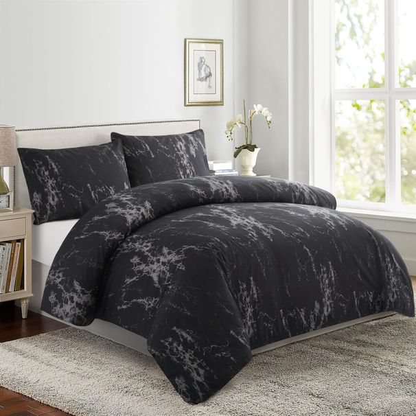 Premium Black Marble Duvet Cover Set - Twin/Full/Queen/King Size - Reversible Stone Pattern With Pillowcases - Breathable Brushed Polyester_voghion.com