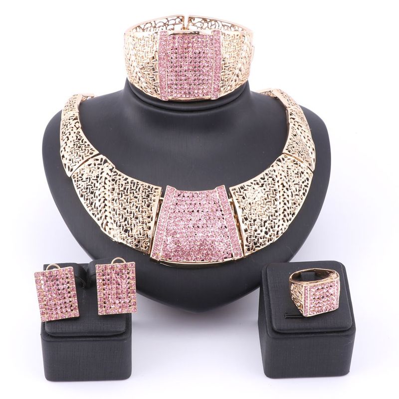 Afrikansk gullfarge rosa krystall rhinestone kvinner bryllup halskjede armring øredobber ring smykker sett_voghion.com