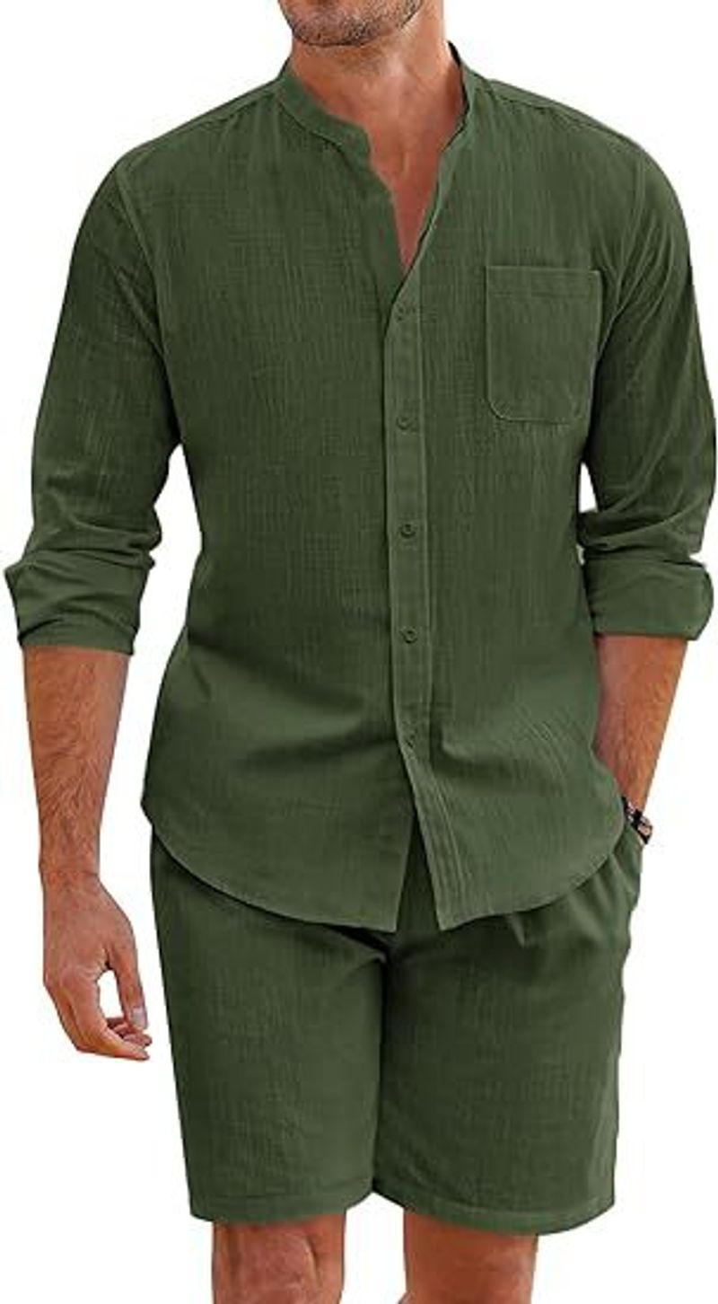 Cămașă bărbătească de vară, din două piese, din bumbac și in, confortabilă, cu nasturi, pantaloni scurți cu mânecă lungă, cardigan, stil casual simplu pentru plajă_voghion.com