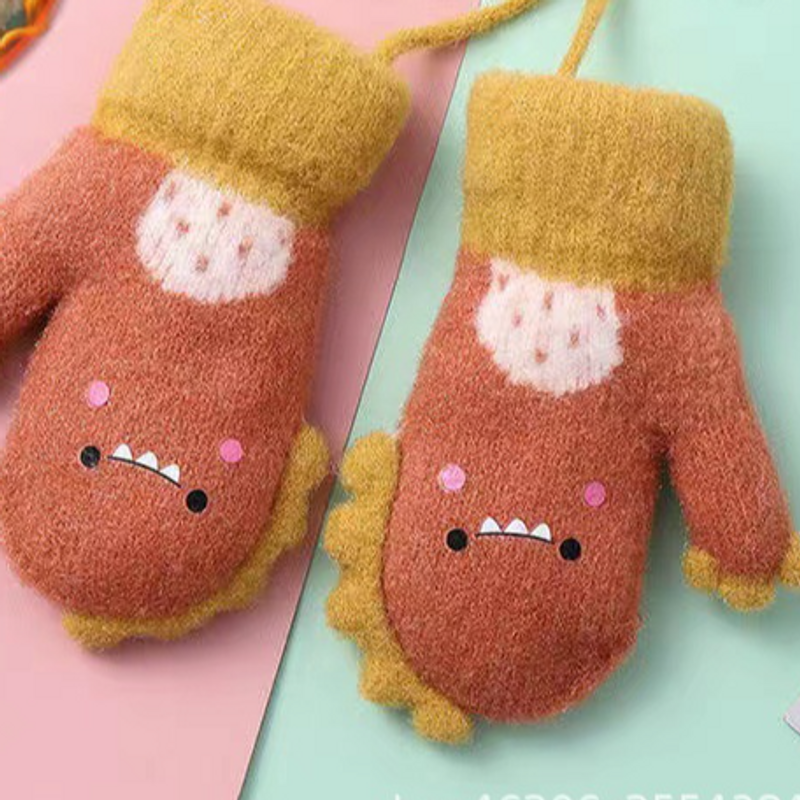 Kids' gloves Baby gloves winter wool thick warm children's baby cartoon cute dinosaur hanging neck anti-loss gloves_voghion.com