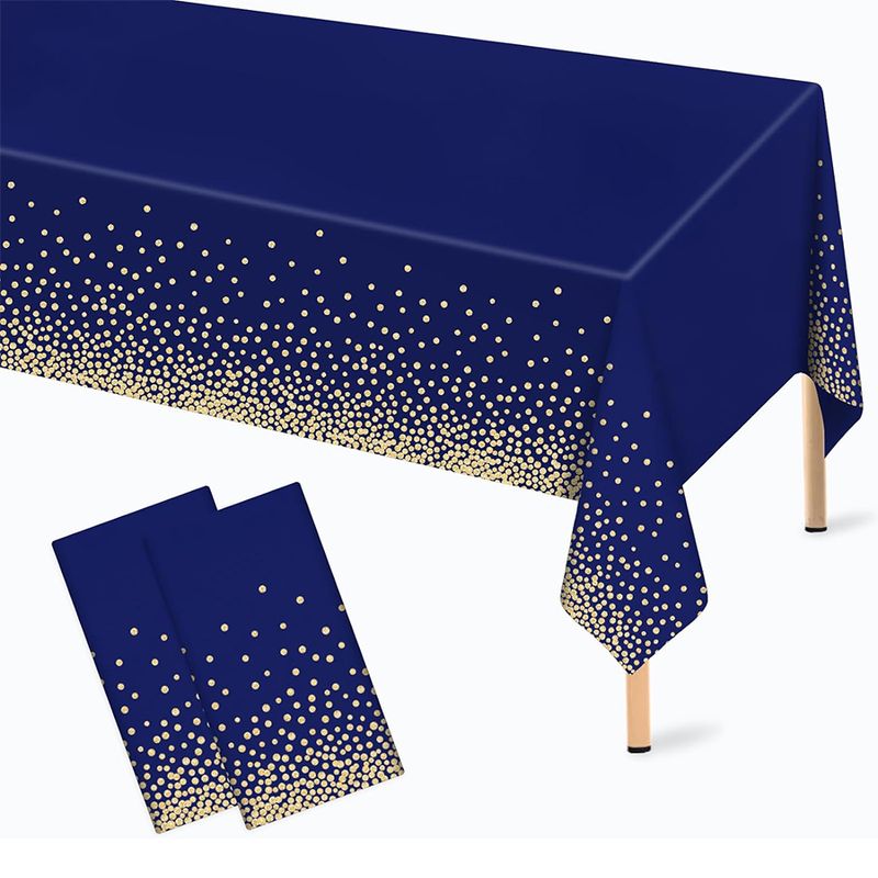 2 piece navy blue and gold plastic disposable tablecloths for rectangular table, 54 x 108 inches_voghion.com