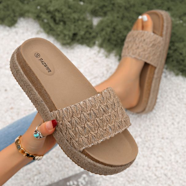 Ladies' Flat Slippers, Thick-soled Design, Woven Linen Upper. Casual Women's Sandals, Suitable For Both Indoor And Outdoor Use_voghion.com