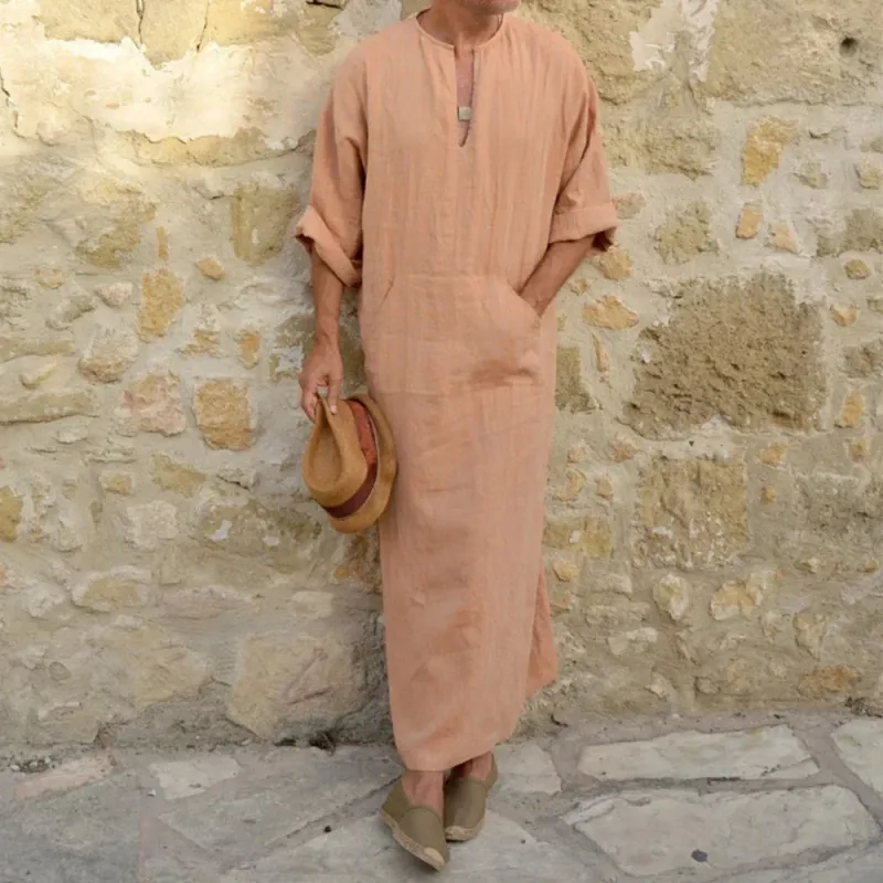 2025 hommes Jubba Thobe caftan arabe islamique col en v à manches longues solide coton lin Robe arabie musulmane homme Abaya_voghion.com