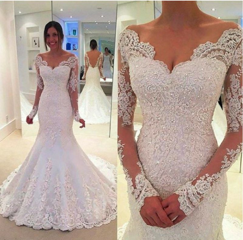 Rochie de mireasă sexy cu mânecă lungă, coadă de pește, decolteu adânc în V, geantă mică, șold_voghion.com
