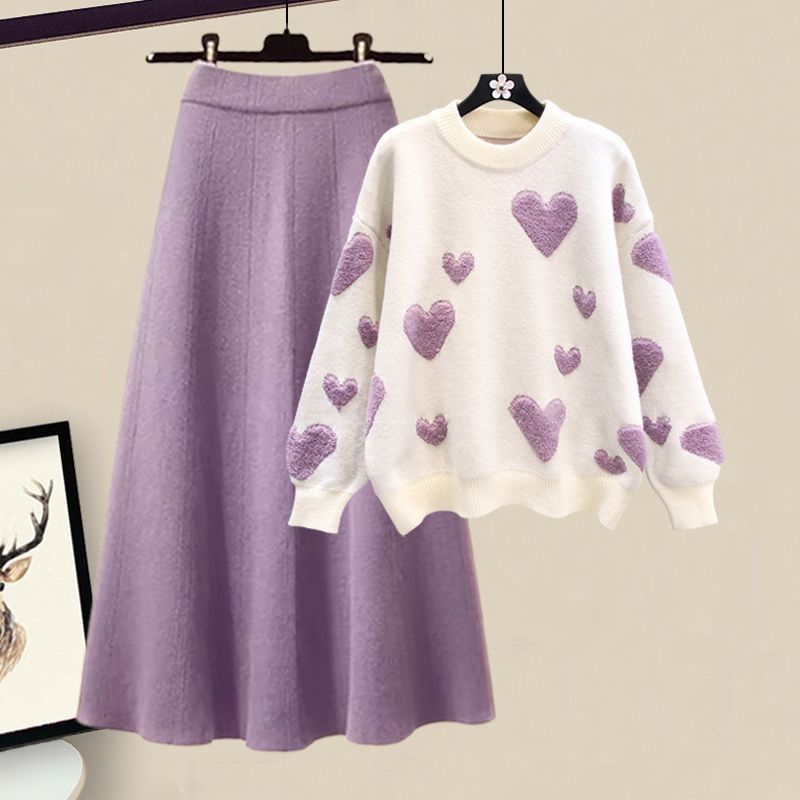 Damenbekleidung Neue große Größe High End Liebe gestrickte lose Pullover schlanke Rock zweiteiliger Anzug_voghion.com