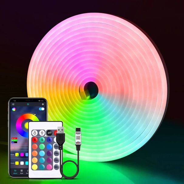5V RGB Bluetooth LED Neon Strip Light With 24-Key Remote, Waterproof Flexible Silicone Lighting For Indoor Mood Decor_voghion.com