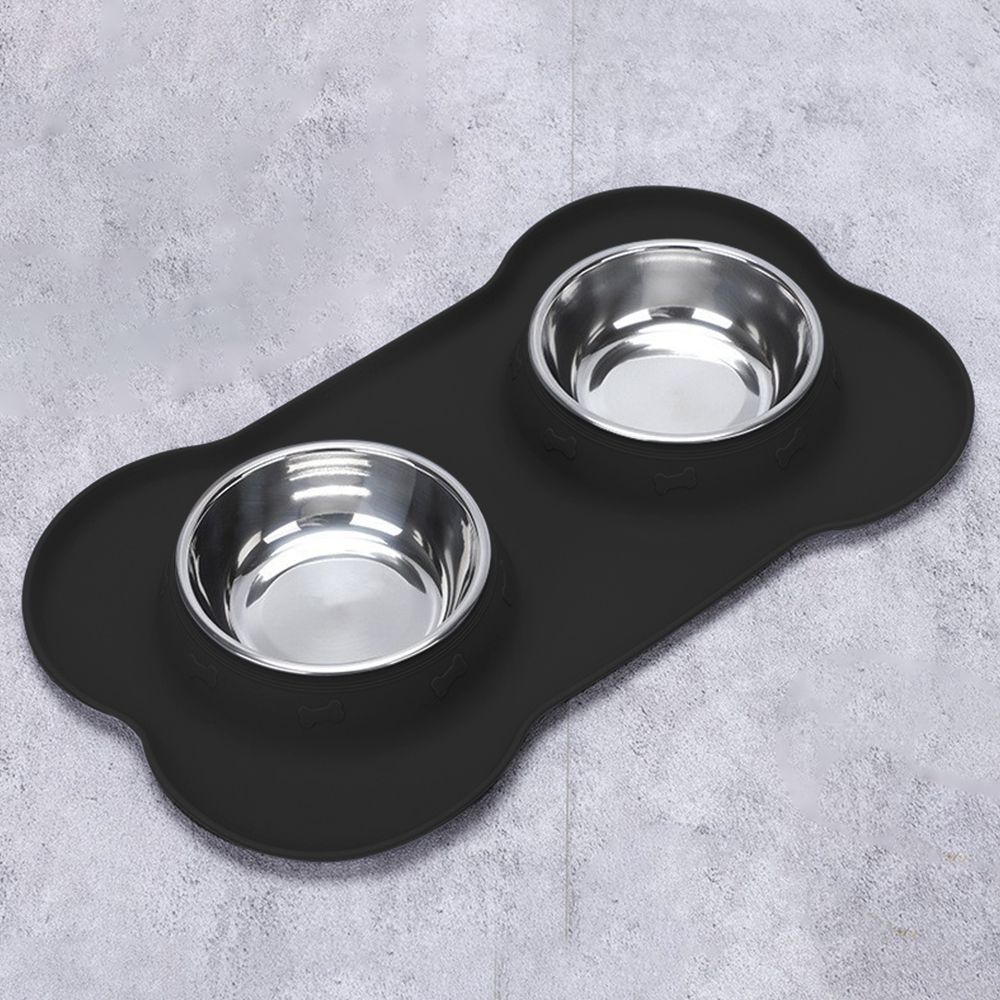 2-in-1 Dog Feeding & Watering Station, Thermoplastic Rubber Pet Bowl Mat With Stainless Steel Dual Bowls, Anti-Spill Pet Feeder, Includes Bowl Holder_voghion.com