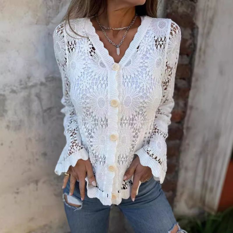 Abbigliamento donna top a maniche lunghe con scollo a V in pizzo_voghion.com