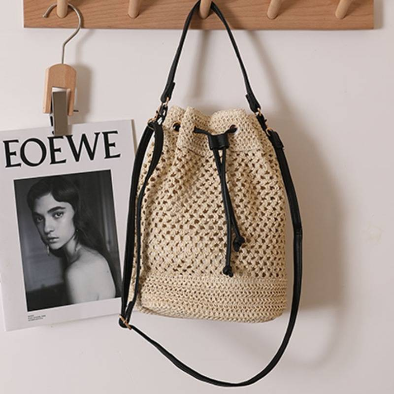 Borsa da donna in paglia intrecciata a mano con coulisse borsa a secchiello di grande capacità borsa da spiaggia borsa a spalla singola per il tempo libero in paglia intrecciata borsa da donna_voghion.com